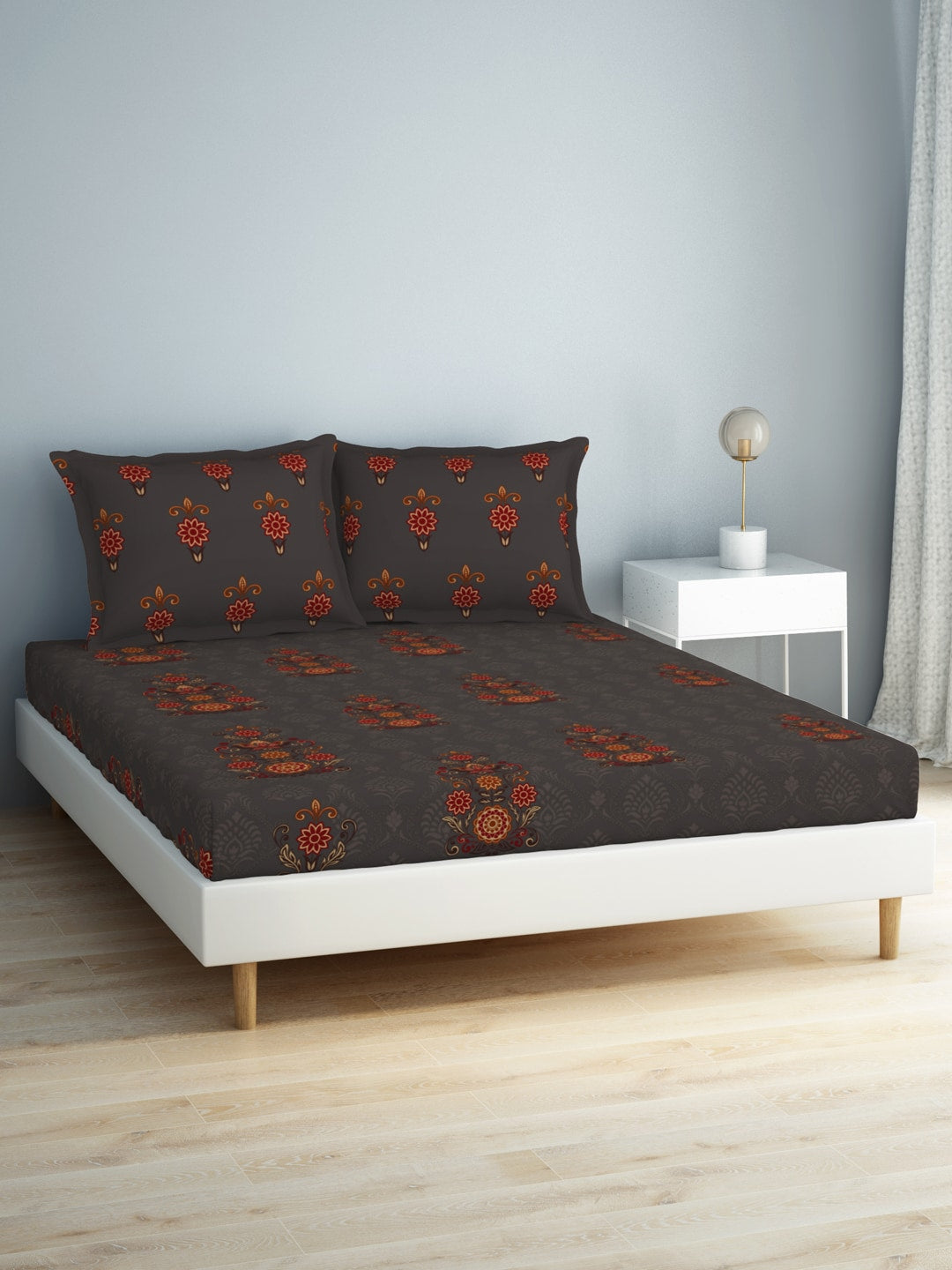 SPACES Aurum Grey Ethnic Motifs Pure Cotton 140 TC Queen Bedsheet with 2 Pillow Covers - Swadesiicart