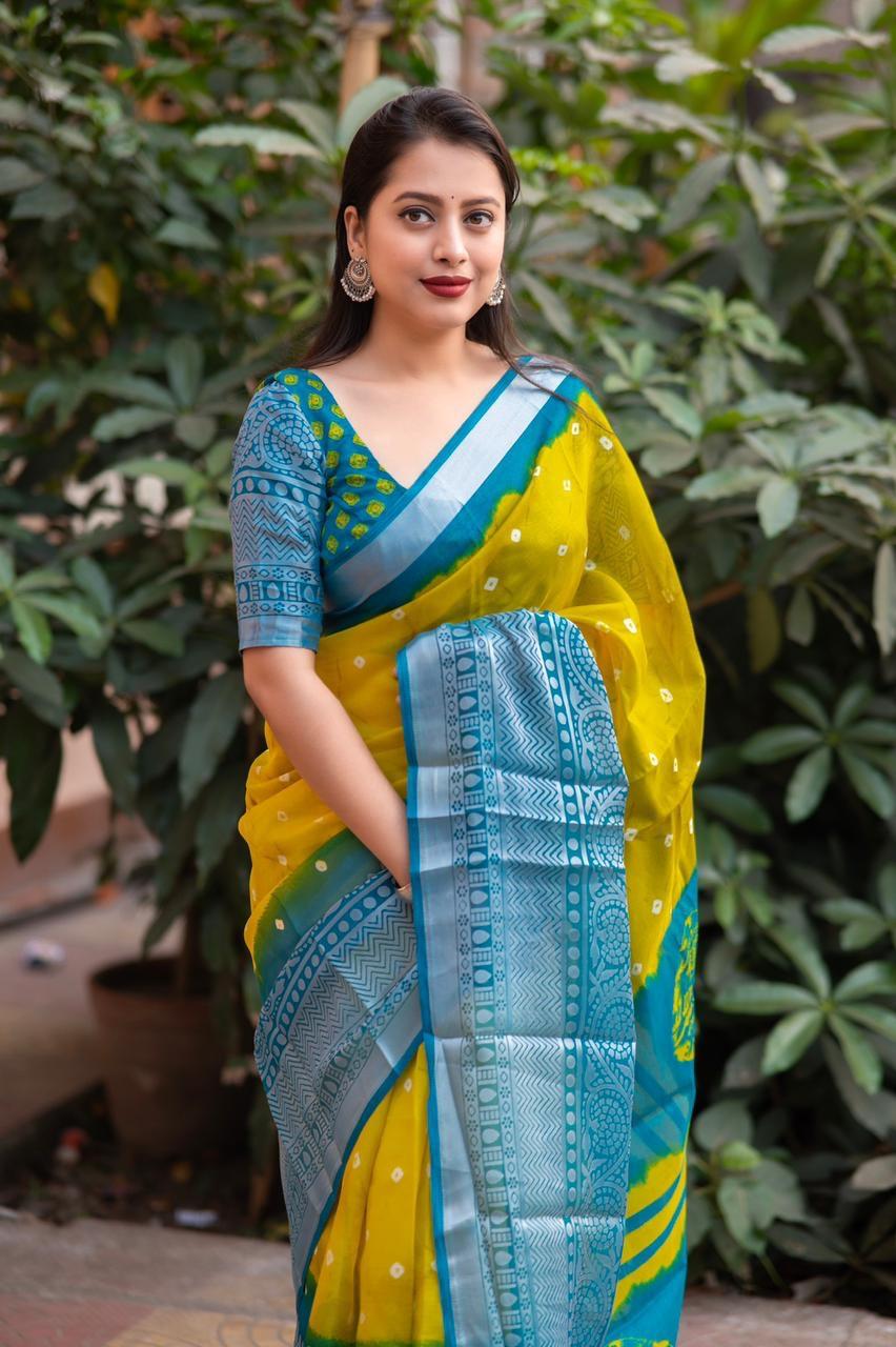 Yellow Jute Silk Ethnic Motifs Saree with Unstitched Blouse - Hiral Fashion | Swadesiicart