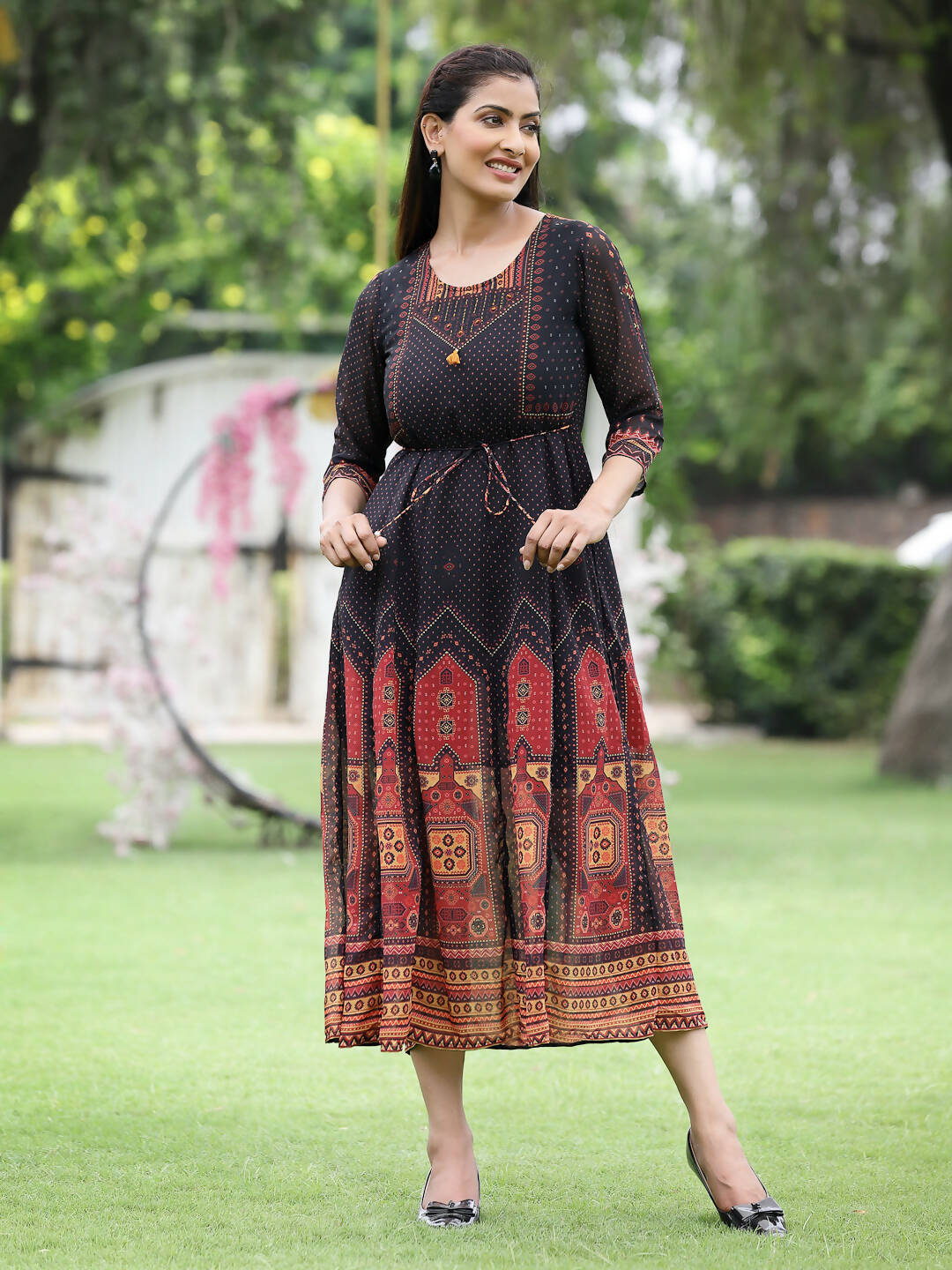Juniper Black Georgette Festive Printed A-Line Dress For Women | Swadesiicart