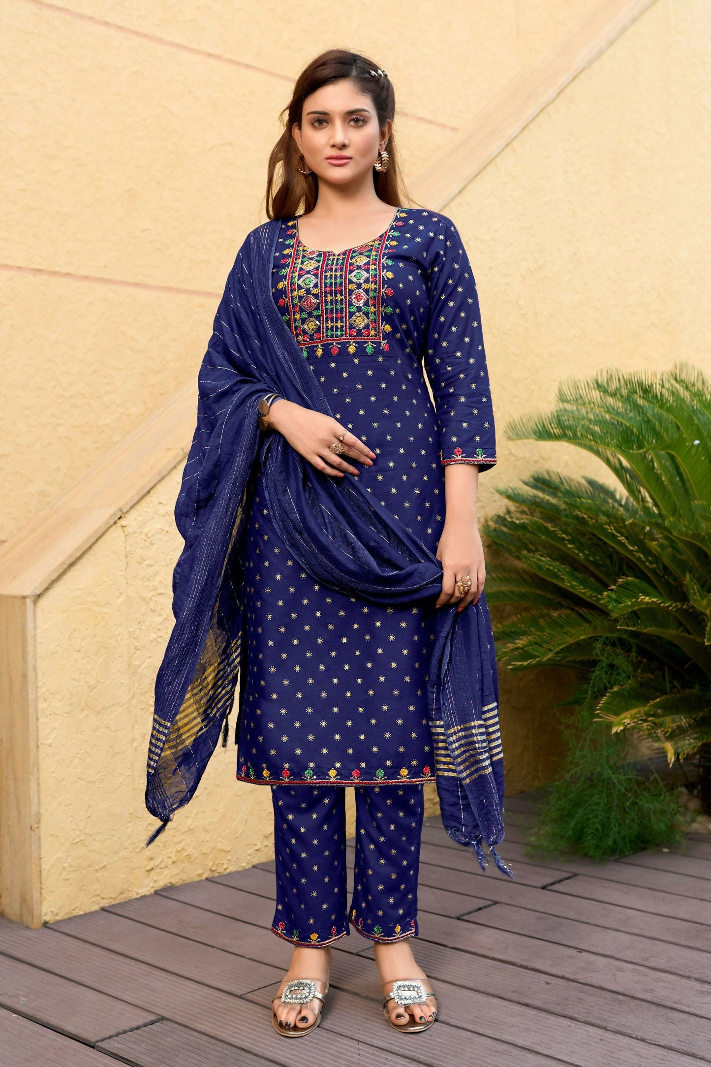 Jyoti Fashion Women's Blue 14KG Rayon Foil Print with Embroidery Kurta Set | Swadesiicart
