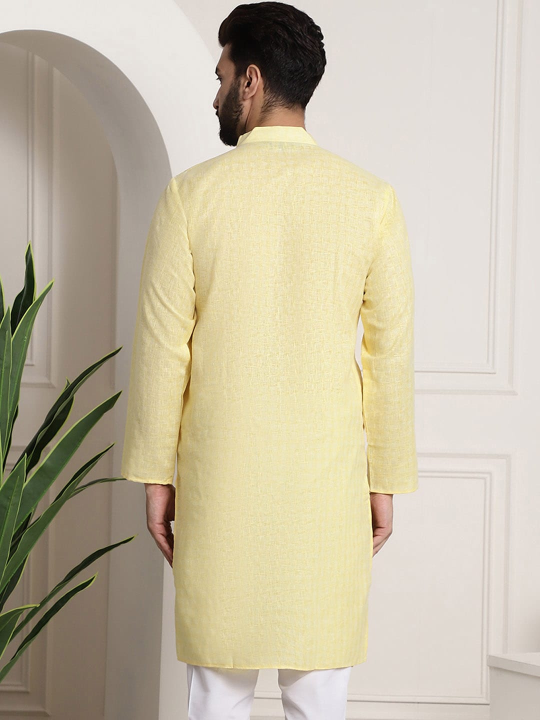 Sojanya Men Yellow Dobby Self-Checked Straight Kurta | Swadesiicart