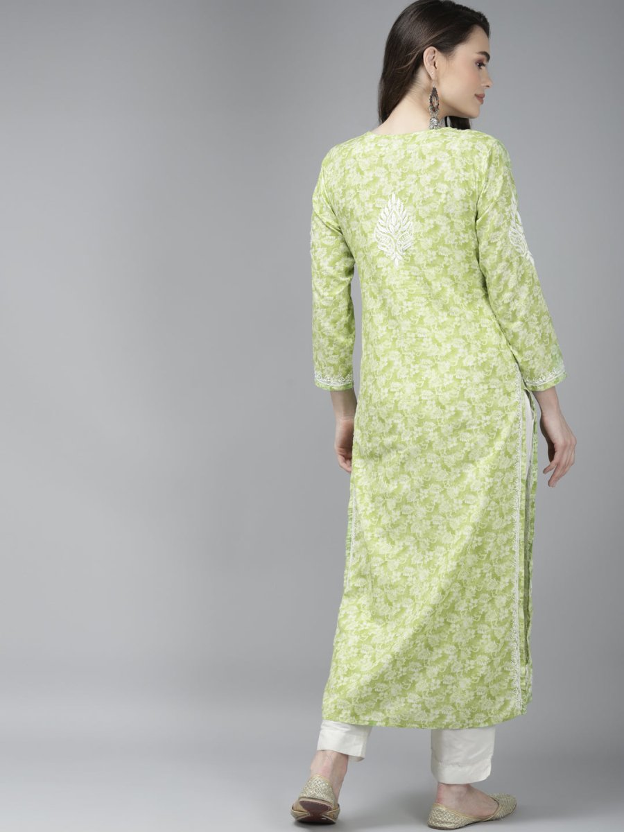 ADA Women Green & White Floral Chikankari Cotton Handloom Kurta | Swadesiicart