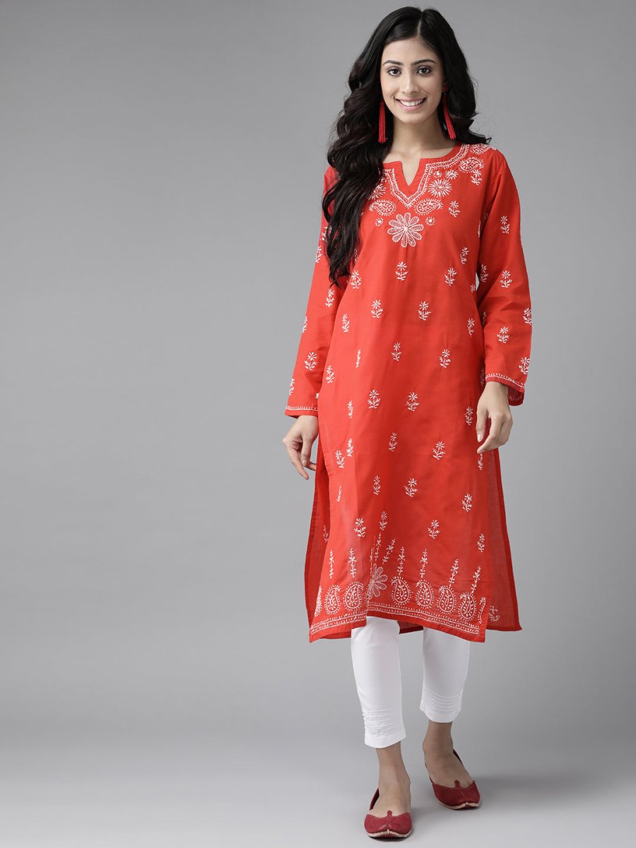 ADA Women Red & White Pure Cotton Chikankari Embroidered Handloom Kurta with Solid Trousers | Swadesiicart