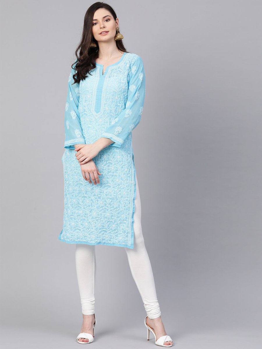 ADA Women Blue & White Chikankari Embroidered Sheer Straight Sustainable Handloom Kurta | Swadesiicart