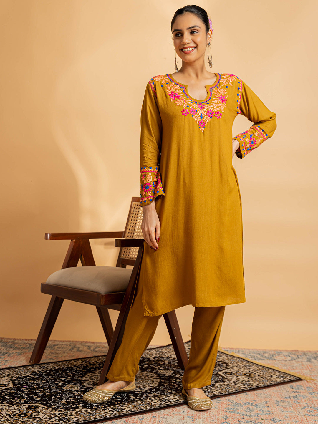 HOUSE OF KARI Floral Yoke Design Chikankari Kurta With Palazzo | Swadesiicart