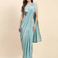 Sky Blue Silk Satin Solid Ready to wear Saree with stitched Blouse - Satiksha | Swadesiicart