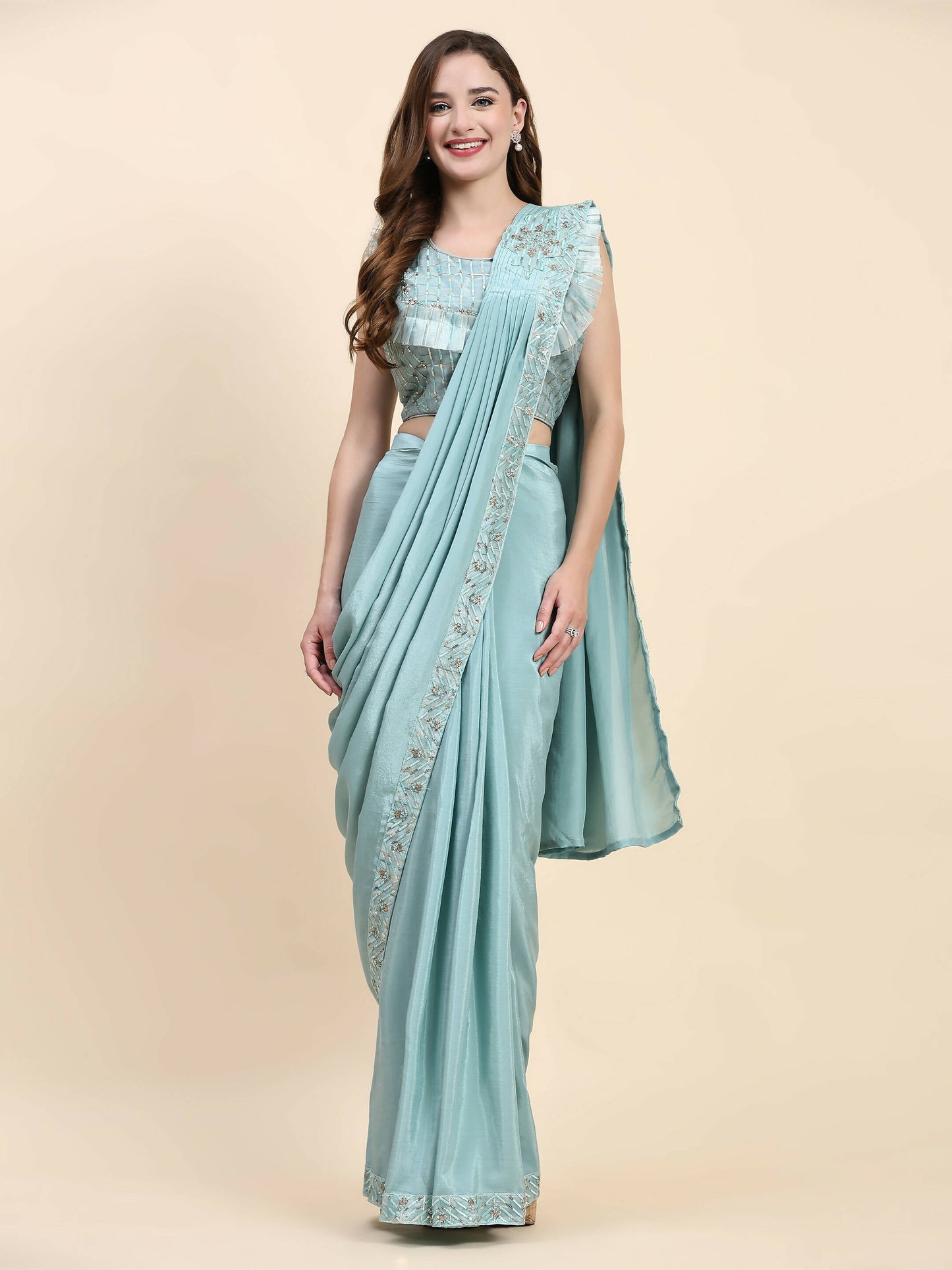Sky Blue Silk Satin Solid Ready to wear Saree with stitched Blouse - Satiksha | Swadesiicart