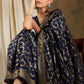 Sangria Navy Blue & Gold-Toned Floral Woven Design Zari Silk Blend Banarasi Saree | Swadesiicart