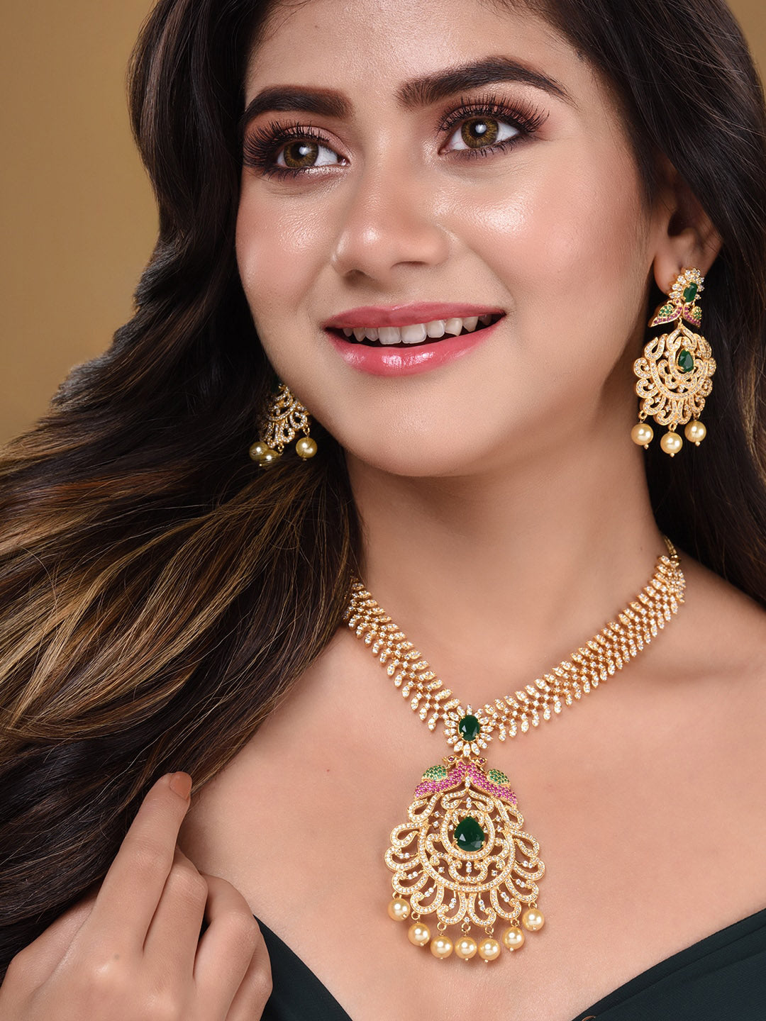 Saraf RS Jewellery Women Gold and Green Gold-Polished Jewellery Set - Swadesiicart