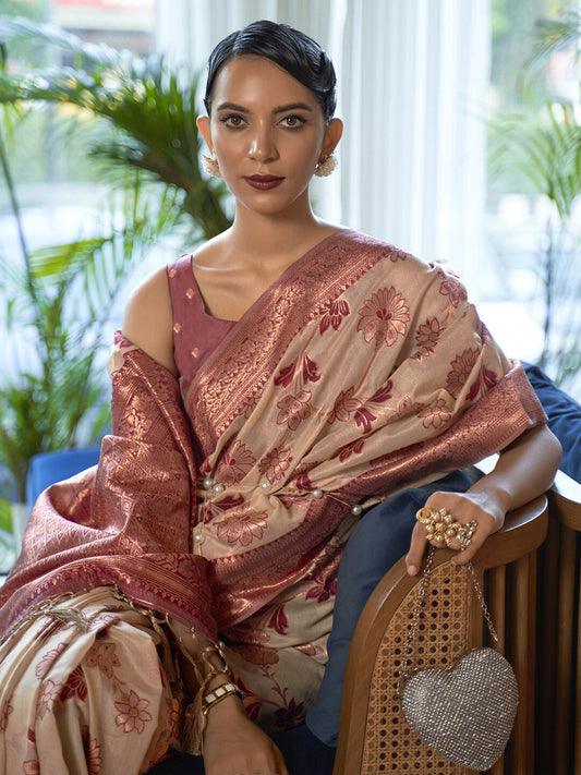 Mitera Off White & Gold-Toned Floral Zari Organza Banarasi Saree | Swadesiicart