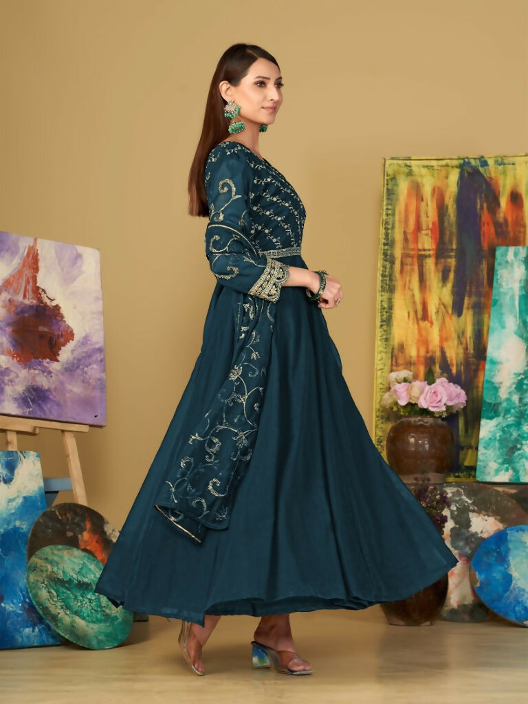 Jyoti Fashion Women's Teal Georgette Embroidered Anarkali Kurta Pant Set With Dupatta | Swadesiicart