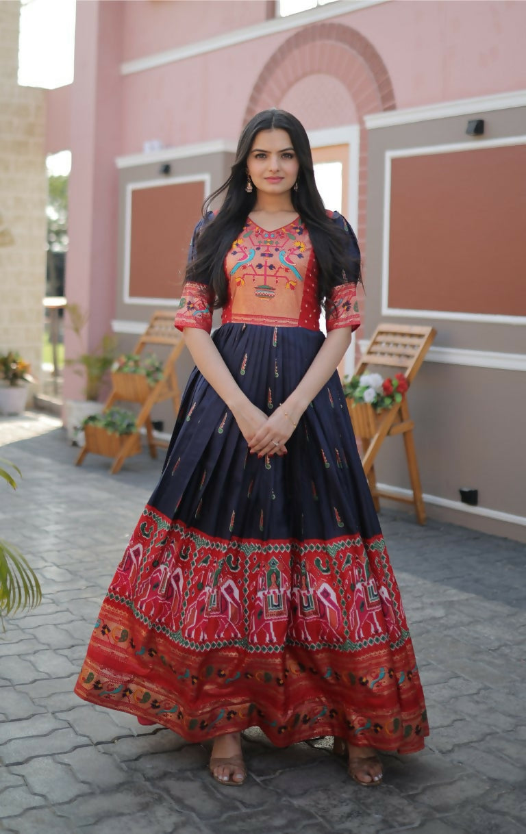 Jyoti Fashion Women's Navy Blue Patola with Foil Print Dola Silk Anarkali Dress | Swadesiicart
