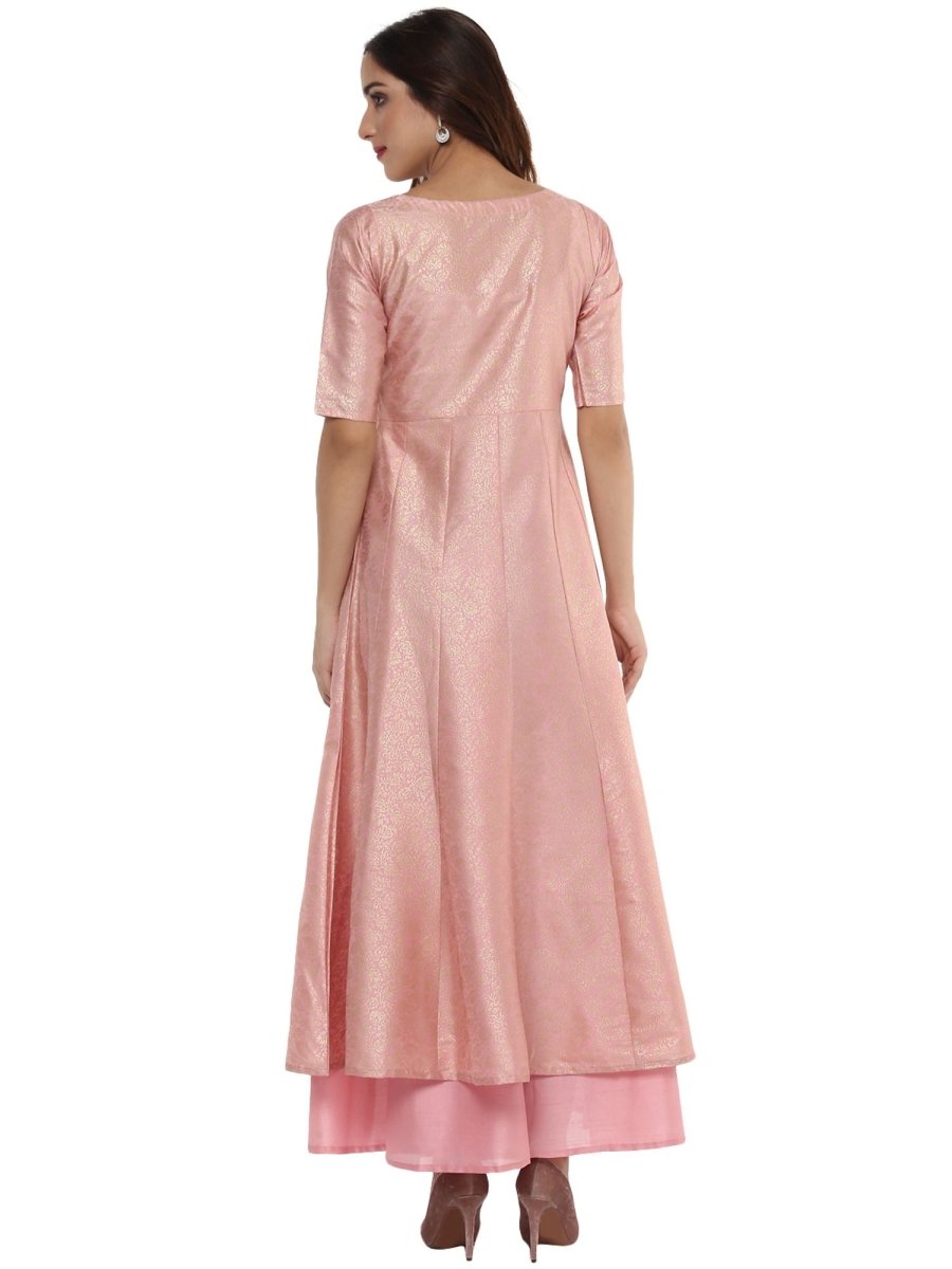 Ahalyaa Women's Pink Poly Silk Gold Foil Print Kurta | Swadesiicart