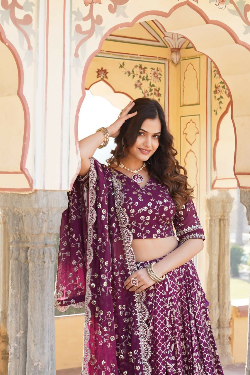 Lorenvalley Purple Pure Viscose Jacquard With Embroidered Sequins work Lehenga Choli | Swadesiicart