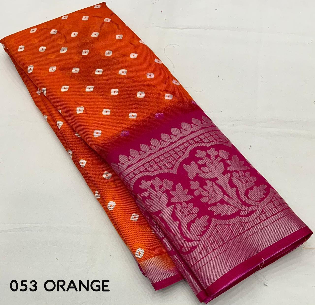 Orange Jute Silk Printed Saree with Unstitched Blouse - Hiral Fashion | Swadesiicart