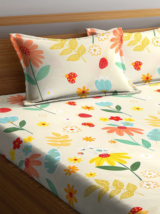 KLOTTHE White & Yellow Printed 300 TC Double King Fitted Bedsheet With 2 Pillow Covers - Swadesiicart