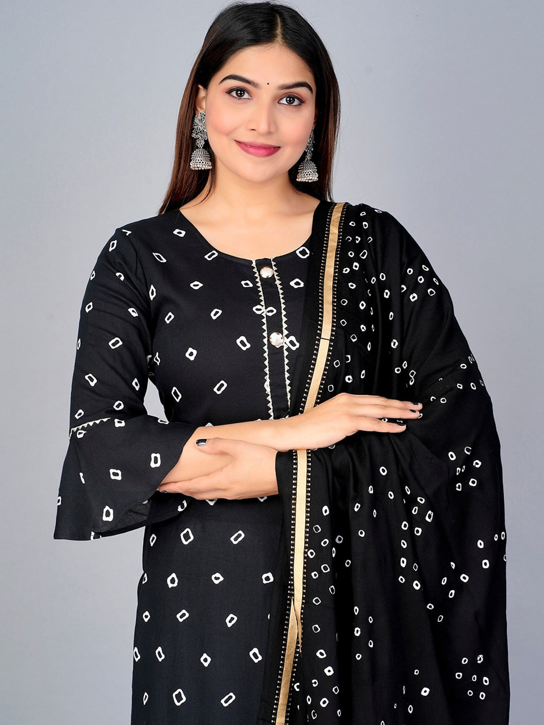 Kalini Bandhani Printed Kurta with Sharara & Dupatta - Swadesiicart
