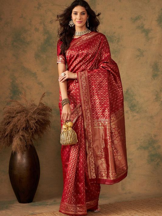 Sangria Red & Gold Toned Ethnic Motifs Woven Design Zari Banarasi Saree | Swadesiicart