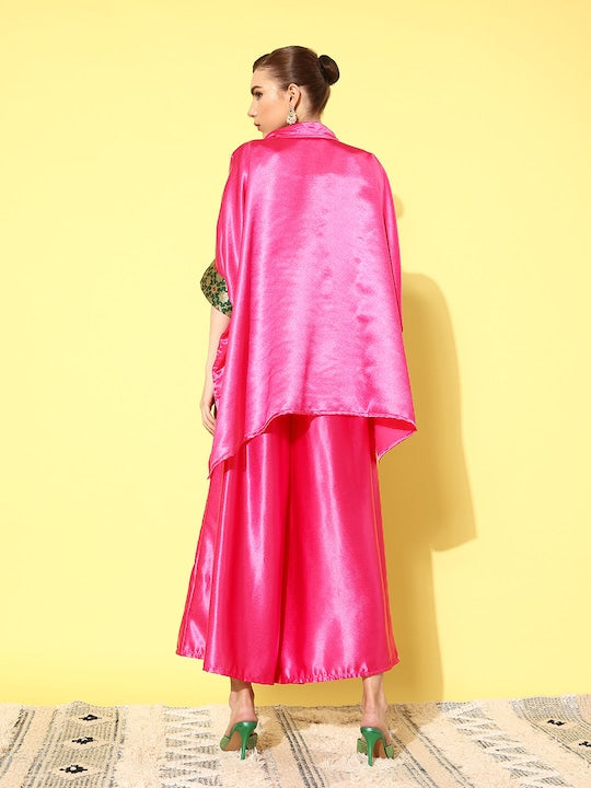 InWeave Women's Pink Green Brocade Satin Boho Kurta Palazzo Set - Swadesiicart
