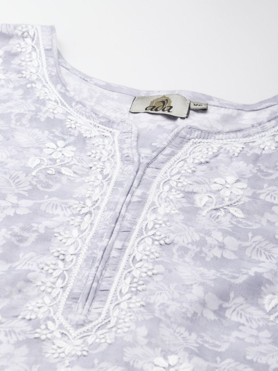 ADA Women Grey & White Floral Chikankari Cotton Handloom Kurta | Swadesiicart
