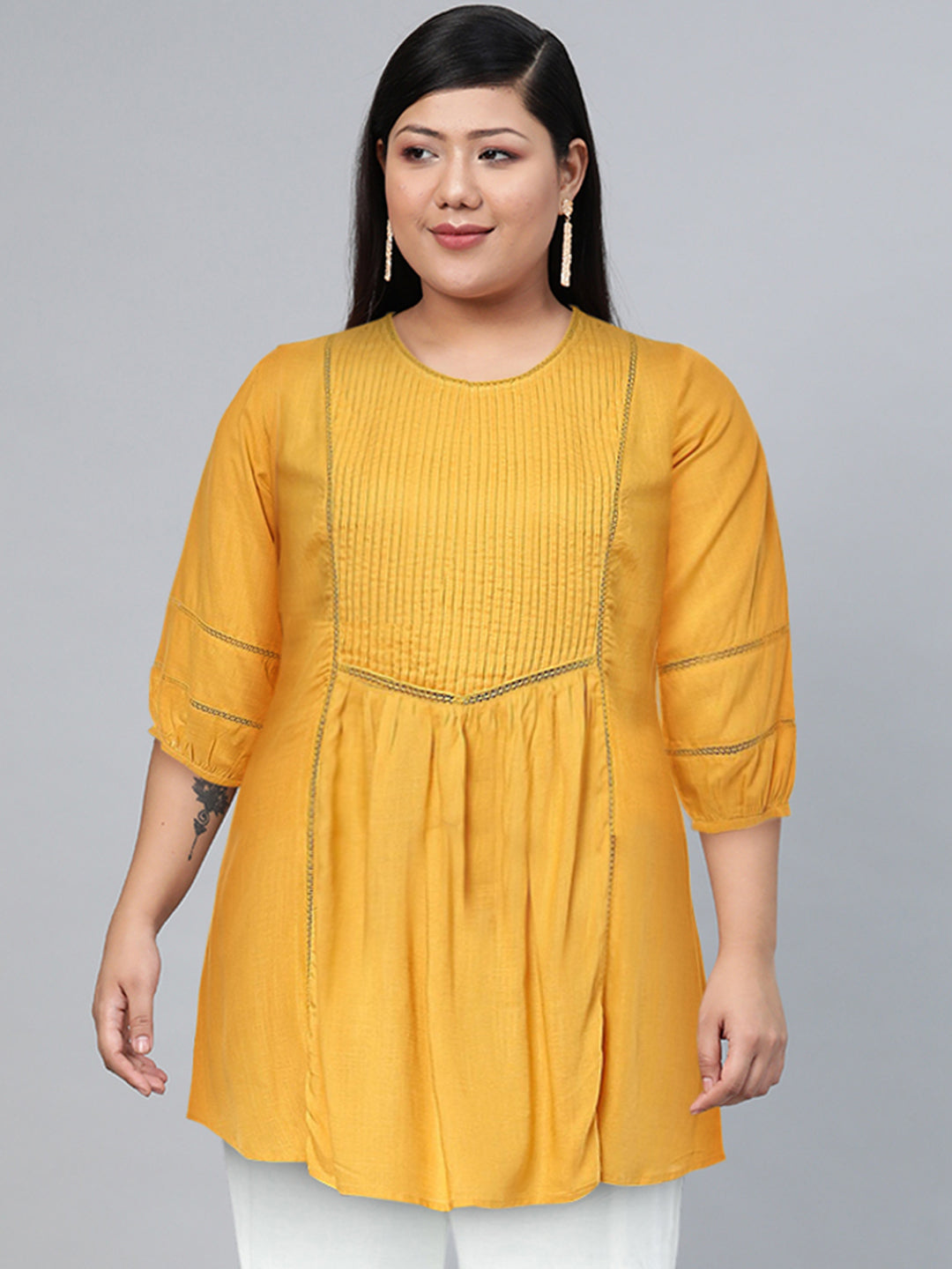 Biba Women Yellow Pleated And Panelled Puff Sleeves Kurti - Swadesiicart