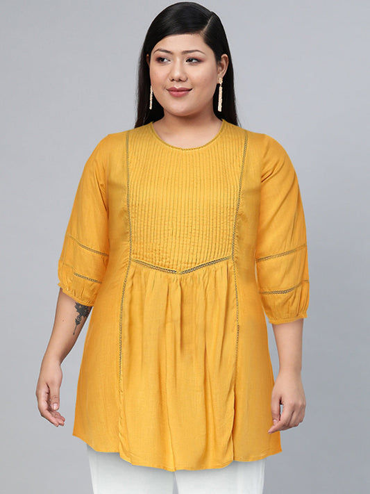 Biba Women Yellow Pleated And Panelled Puff Sleeves Kurti - Swadesiicart