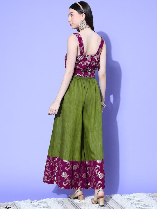 InWeave Women's Wine Brocade Strappy Top W Olive Wine Brocade Palazzo Set - Swadesiicart