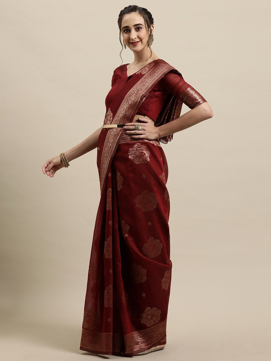 Saree Mall Maroon & Gold-Toned Ethnic Motifs Zari Silk Blend Banarasi Sarees | Swadesiicart