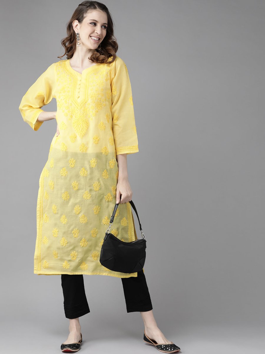ADA Women Yellow & Black Chikankari Embroidered Handloom Kurta with Cotton Trousers | Swadesiicart