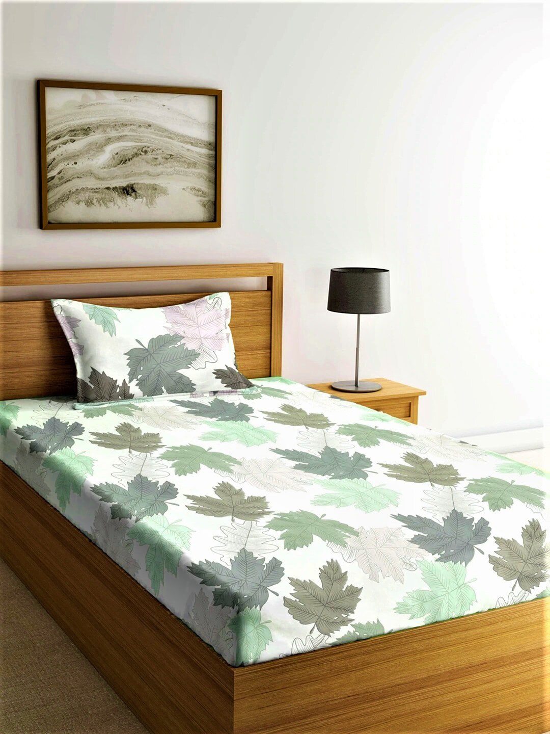 Home Sizzler White & Green Floral 210 TC Bedsheet with Pillow Covers - Swadesiicart