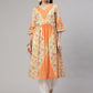 Aks Floral Printed V-Neck Bell Sleeves Pleated Cotton Kurta