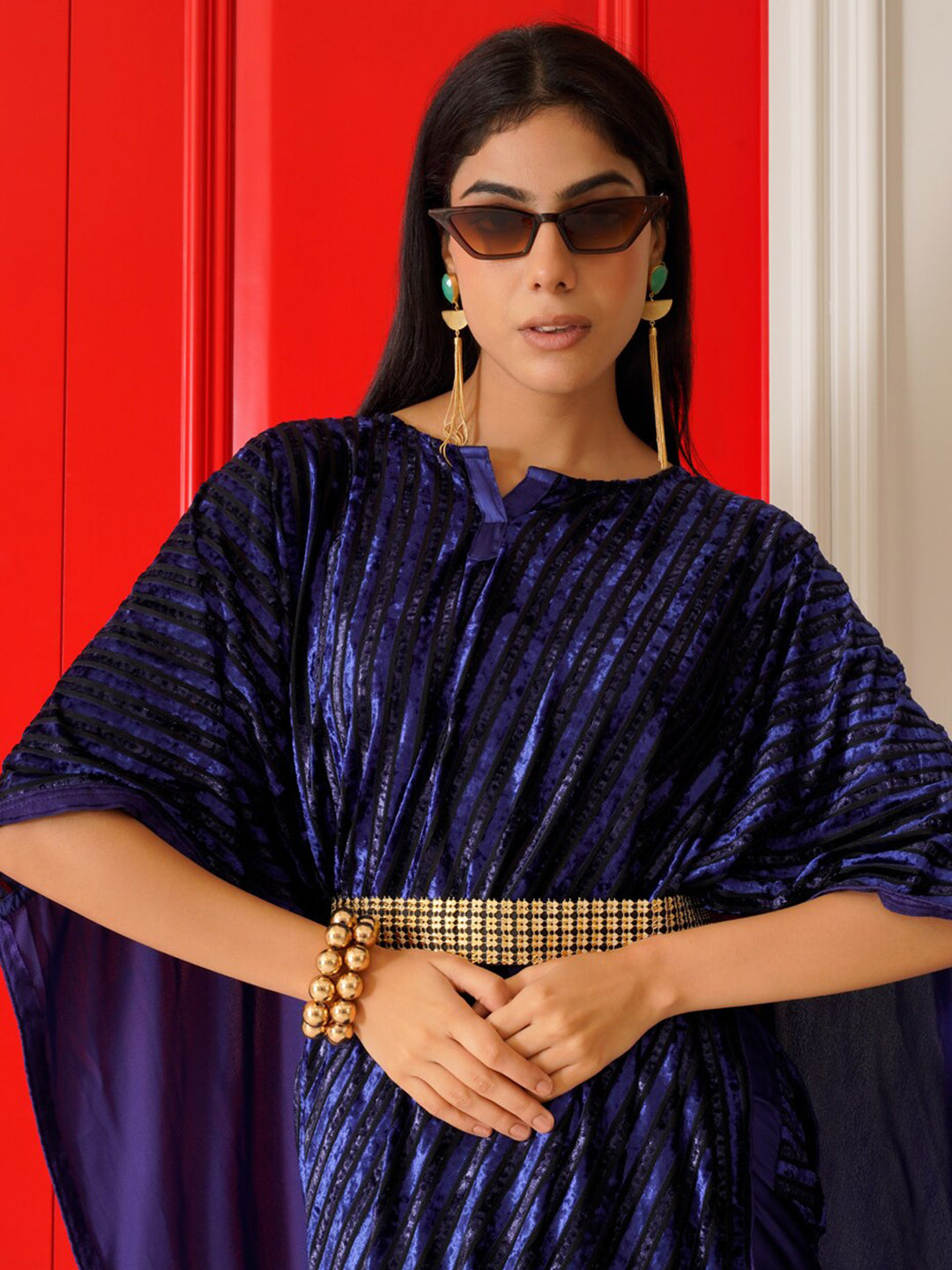 Tikhi Imli Striped Velvet Kaftan Saree | Swadesiicart