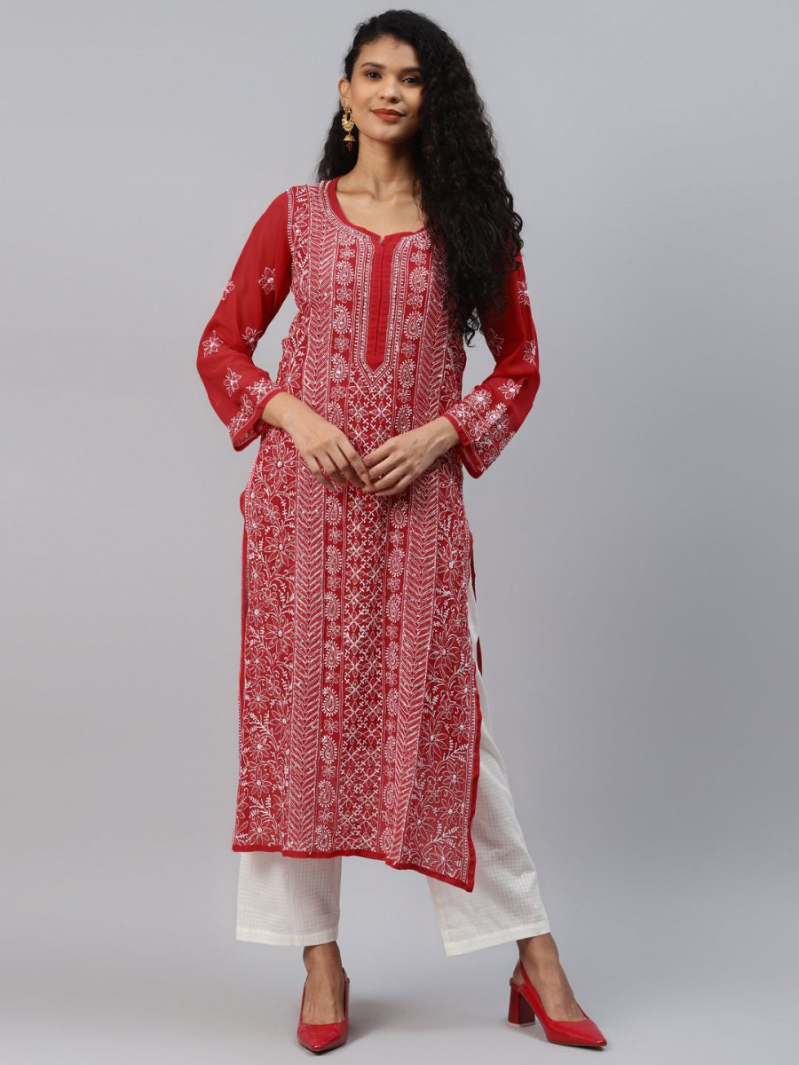 ADA Women Red & White Hand Embroidered Chikankari Sustainable Handloom Kurta With Matching Slip | Swadesiicart