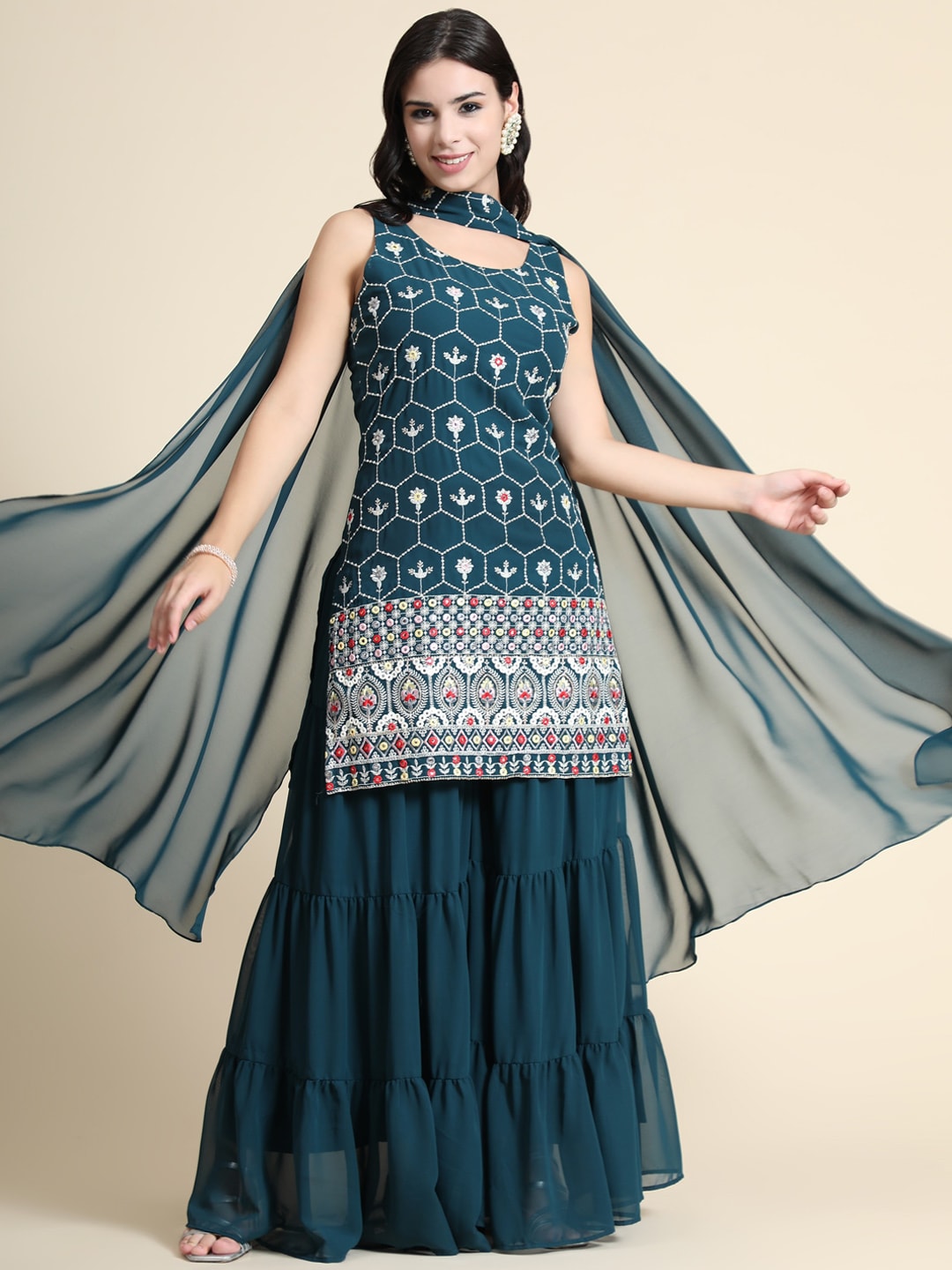 Kalini Women Teal Floral Embroidered Kurta with Sharara & Dupatta | Swadesiicart