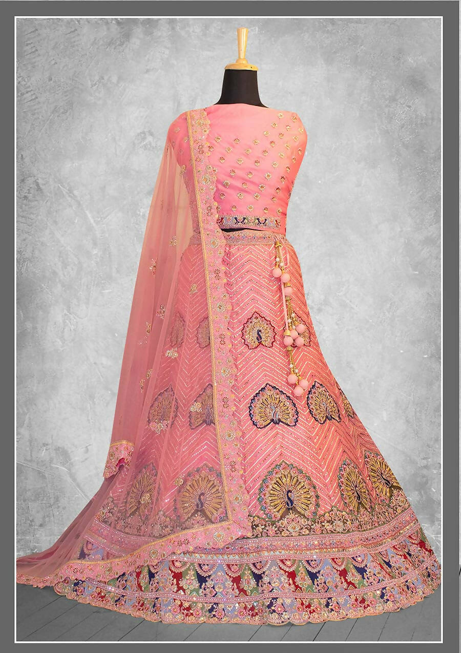 Peach Georgette Embroidery & Thread Work Bridal lahenga Choli with Dupatta - Nimaya Pavitra Rista | Swadesiicart