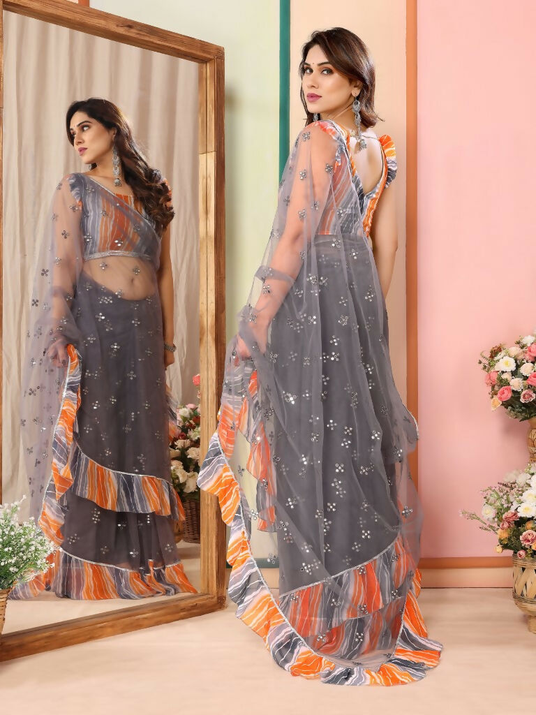 Partywear Designer Grey Net Fancy Saree - Dyuti | Swadesiicart