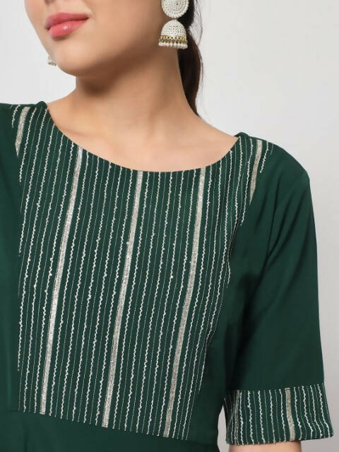 FIORRA Women's Bottle Green Poly Crepe Flared Kurta With Dupatta - Swadesiicart