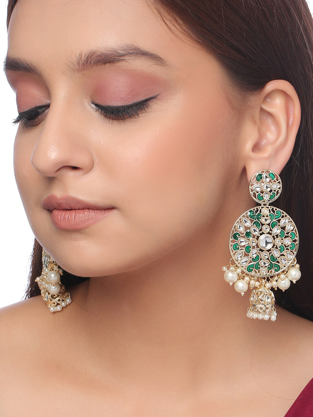 Shoshaa Green & Gold-Polished Kundan Studded Contemporary Jhumkas Earrings | Swadesiicart