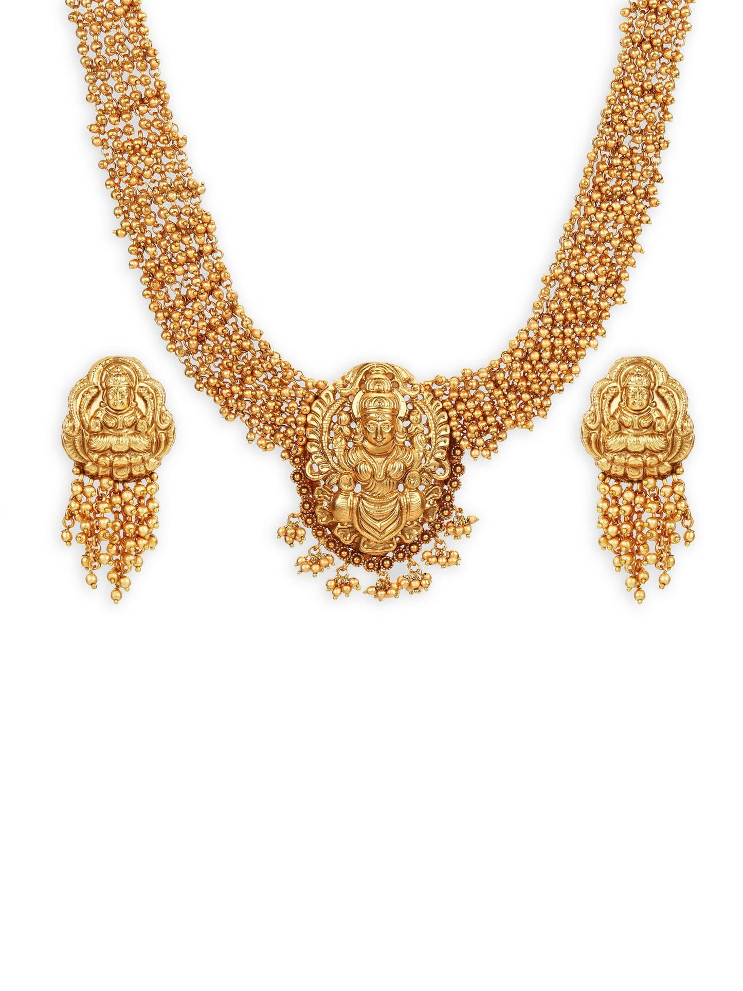 Gold-Polished Pearls Beaded Temple Jewellery Set - Ruby Raang - Swadesiicart