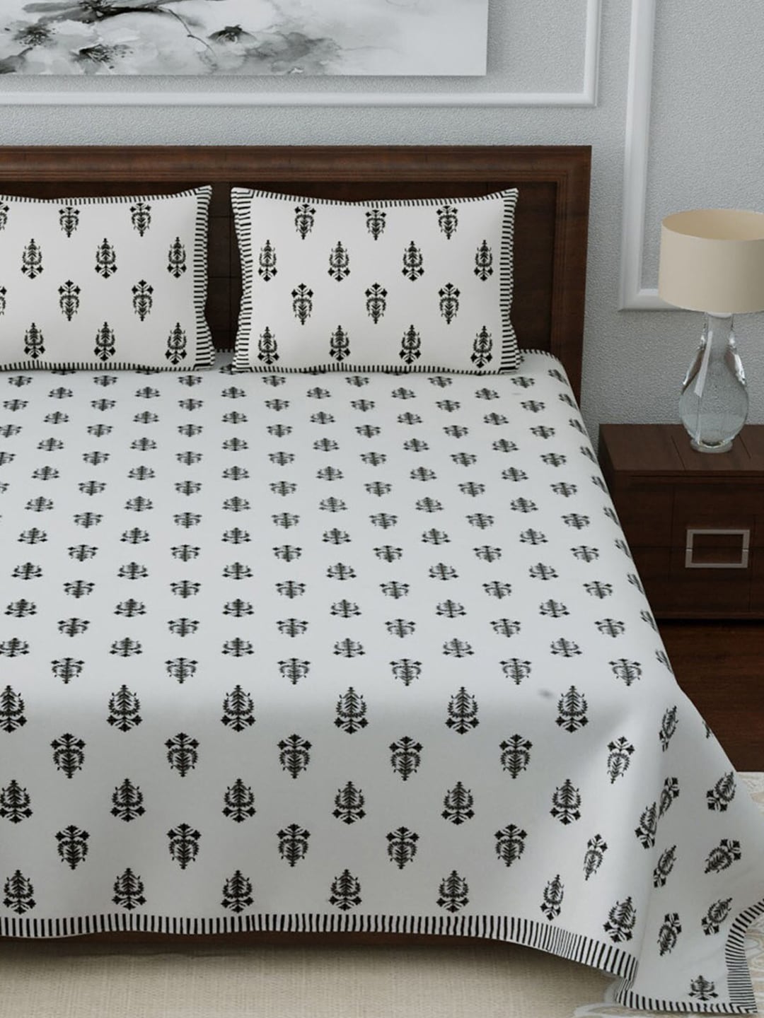 LIVING ROOTS White & Grey Ethnic Motifs 210 TC King Bedsheet with 2 Pillow Covers - Swadesiicart