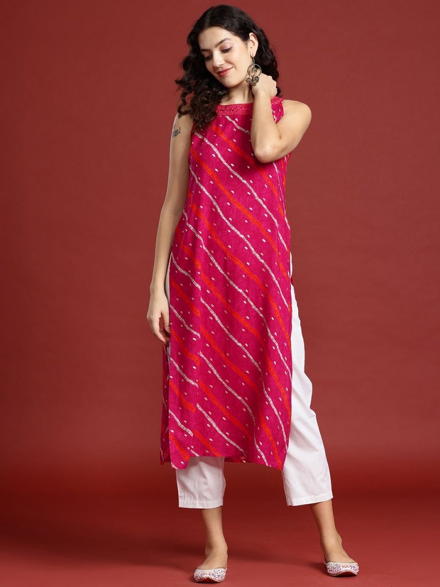 Anouk Leheriya Printed Halter Neck Thread Work Kurta - Swadesiicart