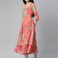 Souchii Women Pink & Green Floral Layered A-Line Midi Dress - Swadesiicart