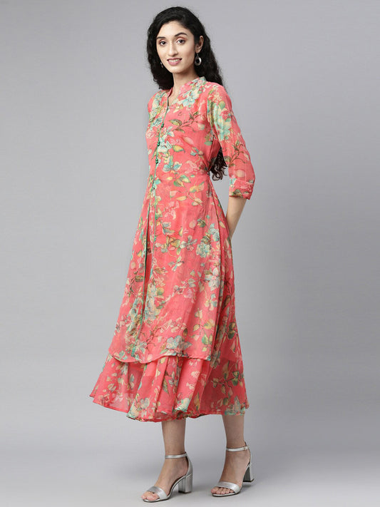 Souchii Women Pink & Green Floral Layered A-Line Midi Dress - Swadesiicart