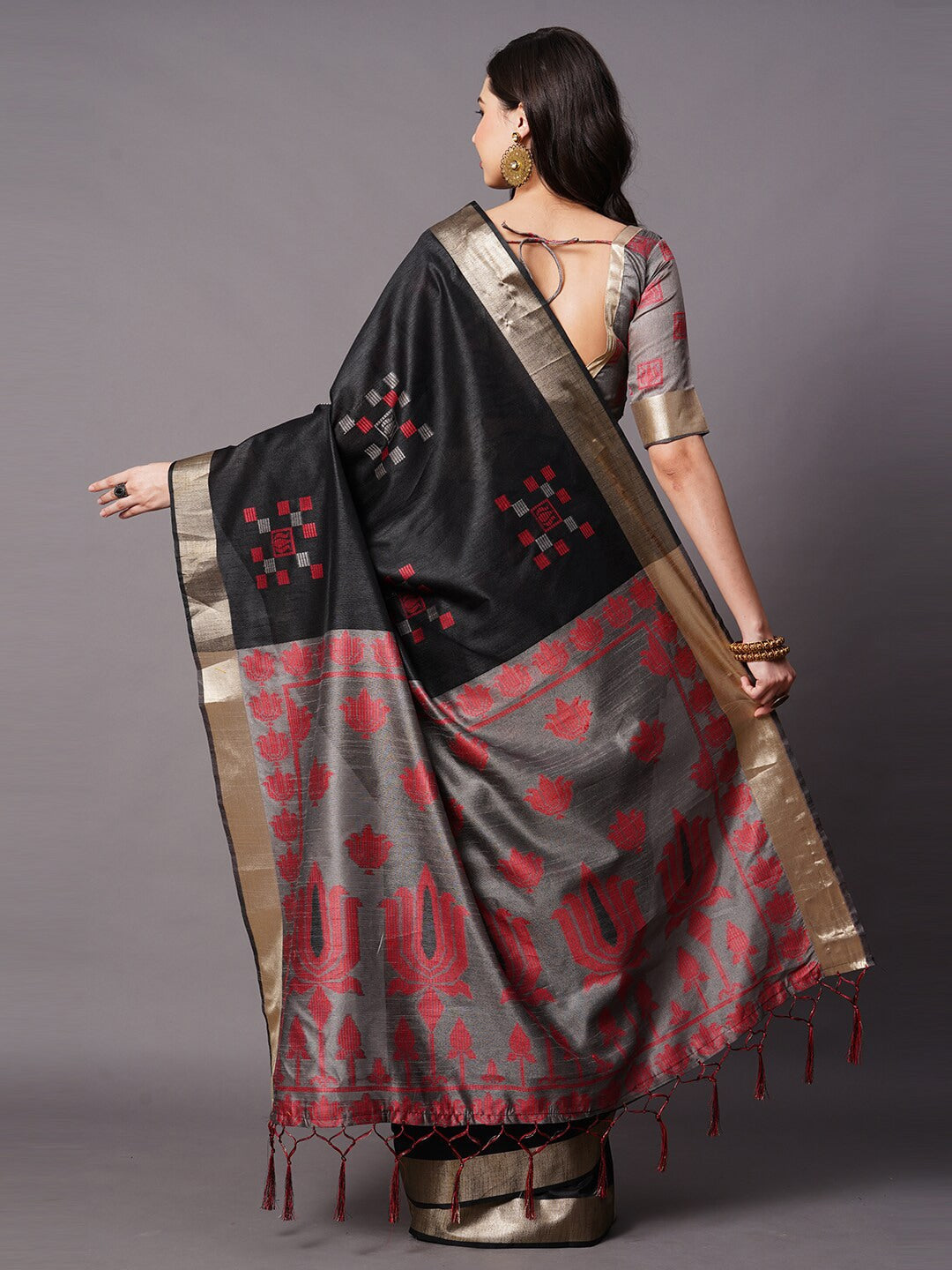 Mitera Black & Red Ethnic Motifs Silk Cotton Banarasi Saree | Swadesiicart