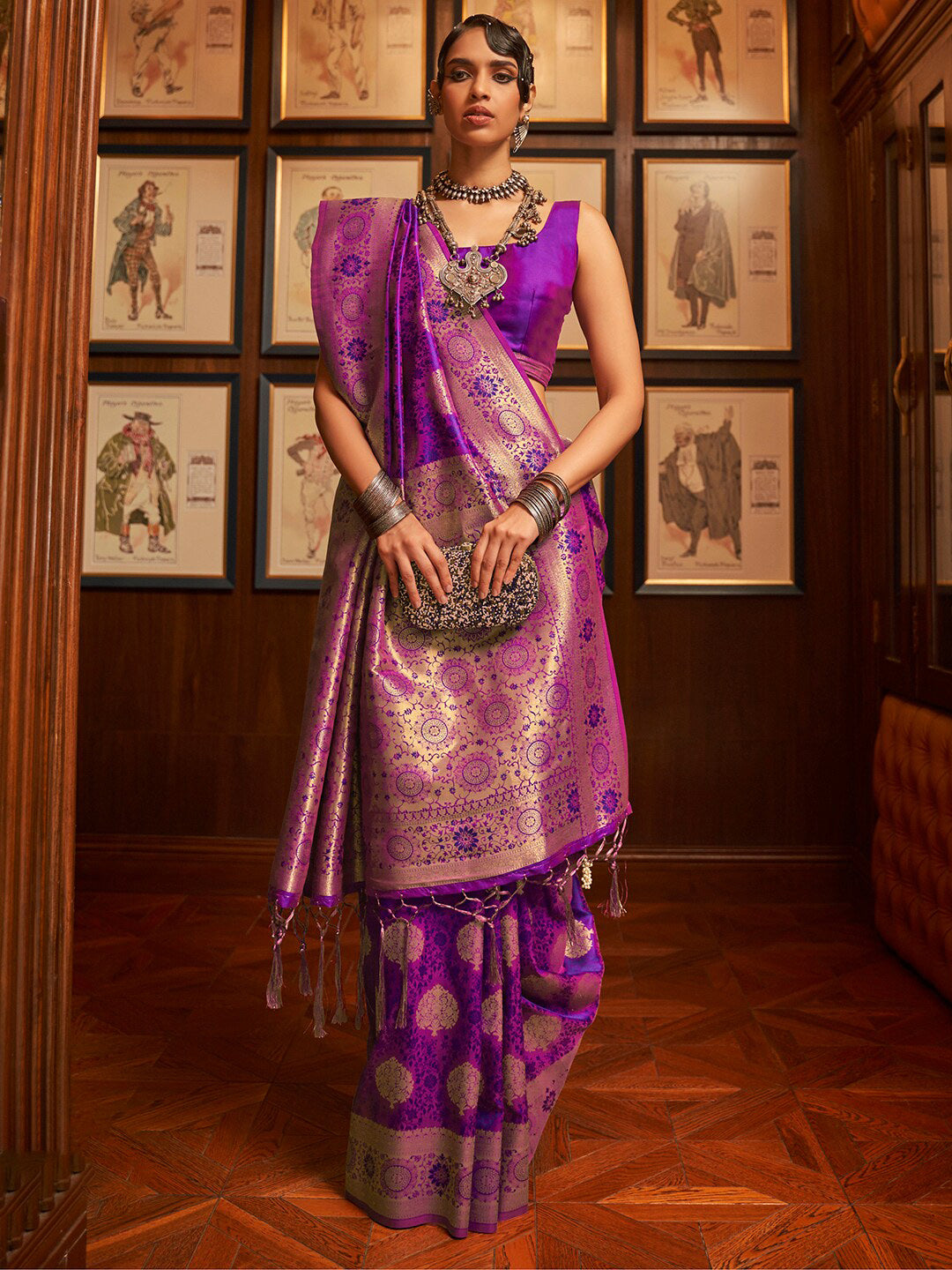 Mitera Women Purple & Gold-Toned Woven Design Zari Silk Blend Banarasi Saree | Swadesiicart