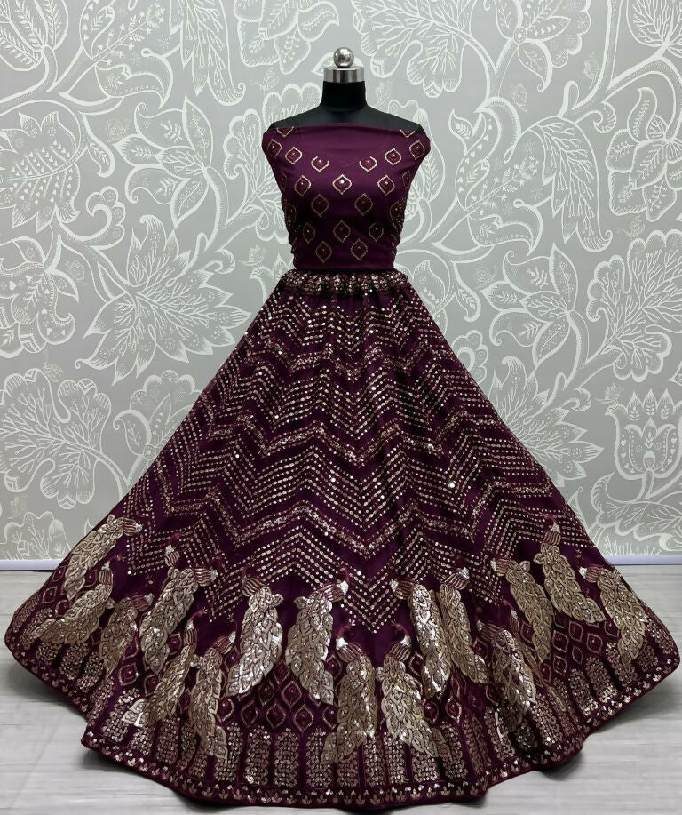 Jyoti Fashion Women's Purple Bridal Net Fancy Foil & Sequins with Multi Thread Embroidered Wedding Lehenga Choli | Swadesiicart