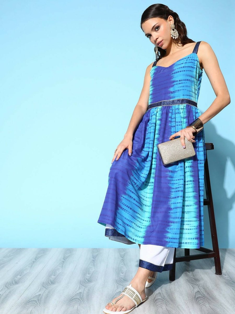 Ahalyaa Women's Royal Blue Crepe Digital Printed Kurta Palazzo Set | Swadesiicart
