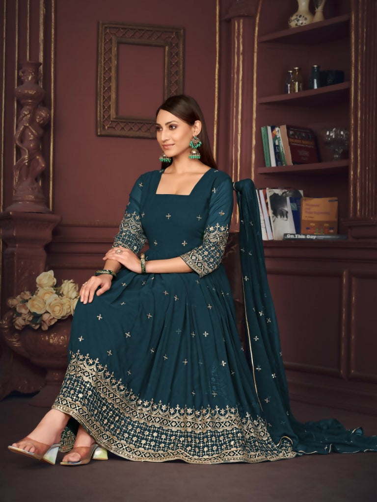 Jyoti Fashion Women's Rama Georgette Embroidered Anarkali Kurta Pant Set With Dupatta | Swadesiicart