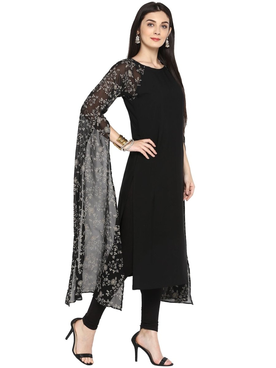 Ahalyaa Women's Black Georgette Rubber Glitter Print Kurta | Swadesiicart