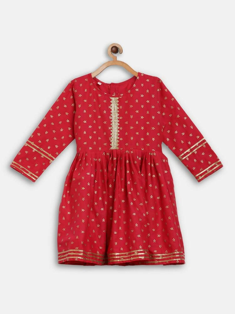 Ahalyaa Red Crepe Gold Printed Kids Kurta Sharara Set For Girls | Swadesiicart